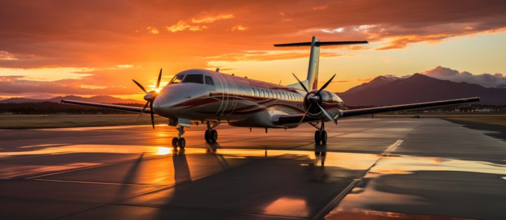 Private aircraft on runway at sunset