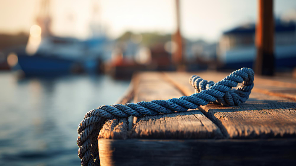Marina dock with mooring rope and boats in background
